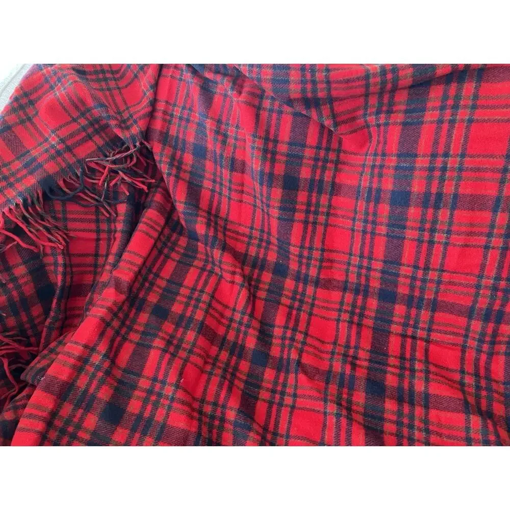 Vintage Pendleton Plaid 100% Wool Fringe Blanket Red Blue Made USA Approx. 52x72